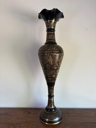 TALL Vintage Brass Floor Vase Asian Peacock Engraving Ornate 35'