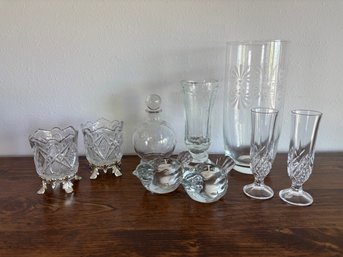 Vintage Crystal Lot - Dishes, Candleholders, Champagne Glasses, Decanter, Vases
