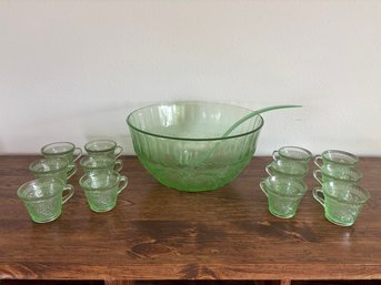 Indiana Chantilly Green Sandwich GlassPunch Bowl Set Tiara With 12 Cups