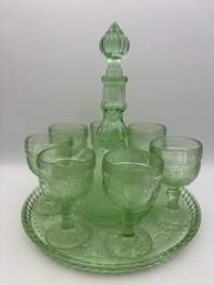 Vintage Tiara Chantilly Green Sandwich Glass Cordial / Liquor Glass And Decanter Set With 7 Glasses.