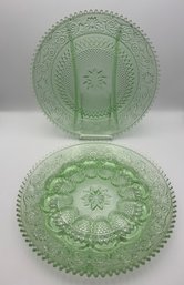 Set Of Indiana Glass Tiara Chantilly Green Sandwich Glass Serving Platters - Egg Dish & Relish Dish