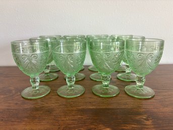 Set Of 12 Indiana Tiara Chantilly Green Sandwich Glass 5.5' Water Goblets Or Champagne Glasses (Lot 2)