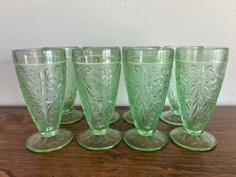 Set Of 8 Indiana Tiara Chantilly Green Sandwich Glass Iced Tea Footed Tumbler