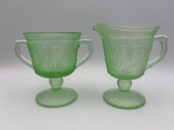 Vintage Tiara Chantilly Green Sandwich Glass Sugar & Creamer Set