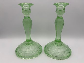 Vintage Indiana Glass Tiara Chantilly Green Sandwich Glass Candlestick Pair 8.5'