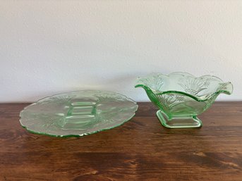 Vintage Tiara Green Dairy Diane Compote Bowl With Ruffled Edge & Platter