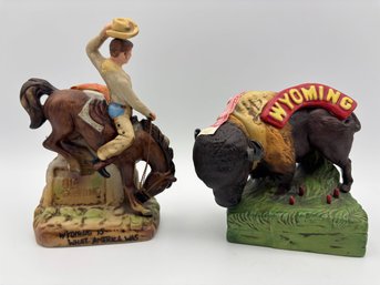 Vintage Wyoming Porcelain Whiskey Decanters Cowboy Horse & Buffalo Bourbon Bottles