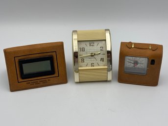 Lot Of 3 Vintage Tabletop Alarm Clocks Leather Westclox