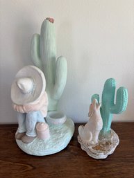 Southwestern Alabaster Plaster Cowboy Coyote With Cactus Lot Of 2
