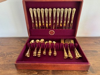 Vintage 48 Piece Gold Toned W.M. Rogers And Son Flatware Set In Wood Display Box