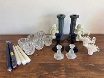 Lot Of Assorted Candle Sticks And Candle Holders And Candles