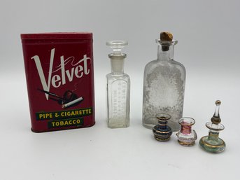 Lot Of Vintage Velvet Tobacco Tin, Lewis Sherman Milwaukee Perfume Holders