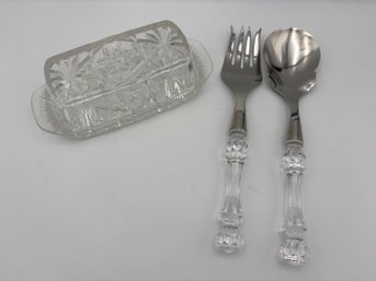 Vintage Crystal Butter Dish Tiara Brand And Fastoria Crystal Serving Utensils