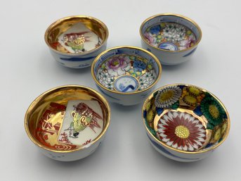 Lot Of 5 Vintage Handmade Japanese Porcelain Sake Cups With Paintings On Inside