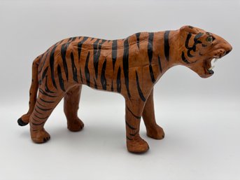 Vintage 1970s Leather Wrapped African Tiger Animal Figurine 11'