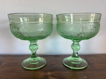 Pair Of 2 Tiara Chantilly Green Glass Sandwich Glass Footed Candy Dishes 7.5'