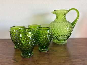 Vintage Dark Green Hobnail Tiara Pitcher With 4 Iced Tea, Lemonade Or Water Glasses