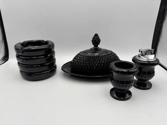Vintage Black Tiara Smokers Set Glass Butter Dish, Ash Trays, Table Lighter And Tooth Pick Holder