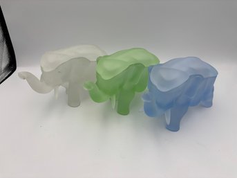 Vintage Tiara Glass Elephants, Frosted White, Blue, Green