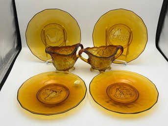 Vintage Tiara 4 Amber Colored Bird Dishes 8' With Creamer & Sugar Dish