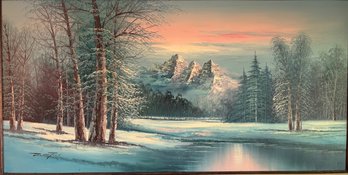 G. Whitman Vintage Winter Mountain Scene Oil Painting 53' X 29.5'