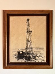 Roy Stubbs 1977 Oil Derrick Rig Print Pen & Ink Art 21.5' X 25.5'