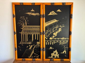 Pair Of Asian Style Bamboo Framed Prints From Folding Screen 17' X 35'