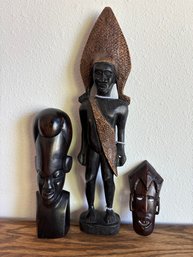 Wooden African Art Statue Heads, Lot Of 3