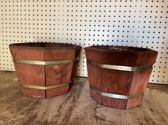 Pair Of Vintage Redwood Planter Basket Barrels For Plants