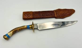 Vintage Fixed Blade Bowie Hunting Knife With Antler Handle & Brass / Turquoise Inlay & Leather Sheath