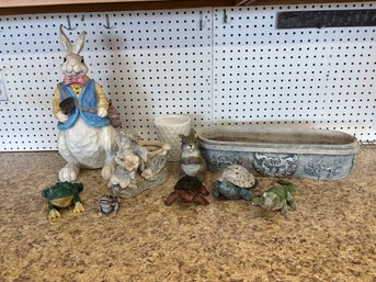 Lot Of Garden Statues And Flower Pots Flowers, Turtles, Frogs, Angels