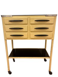 Vintage French Industrial Dentist Cabinet In Cream Lacquered Metal And Opaline Glass, Circa 1950