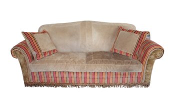 Suede Leather Sofa Couch With Tufted Leather Tassels W/ Colored Stripes & Fur Embellishments