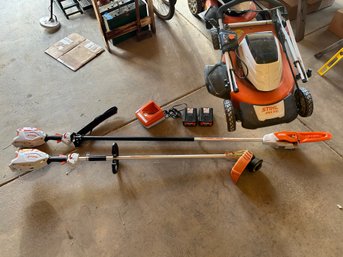 STIHL Lot - Electric RMA 510 Mower, FSA 86 R Trimmer & HTA 66 Battery Pole Pruner  W/ Charger & Two Batteries