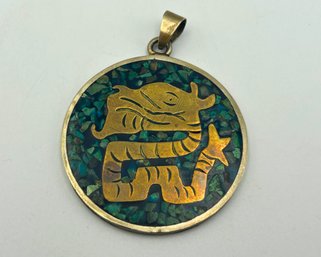Vintage Mexico Sterling Silver Pendant Necklace Inlaid Green Turquoise Brass Medallion