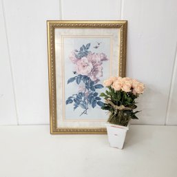 Gold Framed Pink Roses Print And Silk Roses Floral Arrangement