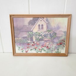 Framed Country House Print With Embroidered Accents