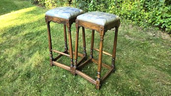 Bar Stools Pair Blue And White Toile Upholstery