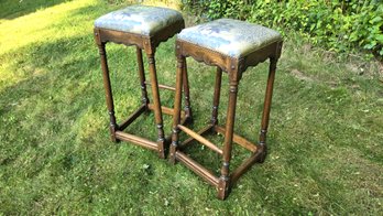 Bar Stools Pair Blue And White Upholstery