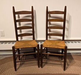 Primitive Rush Seat Ladderback Chairs Pair