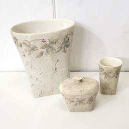 Vintage Croscill Bathroom Waste Basket, Covered Box And Cup Set, Ivy Design