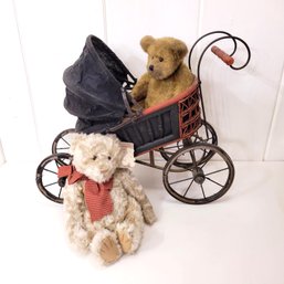 Antique Reproduction Toy Stroller And Teddy Bears