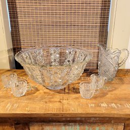 Pressed Glass Extra Large Bowl, Pitcher And Cups