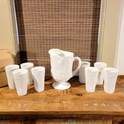 Milk Glass Pitcher And Glasses, Colony Harvest , Vintage New Old Stock