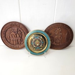 Brass Aztec Calendar And Carved Wood Plaques Wall Decor