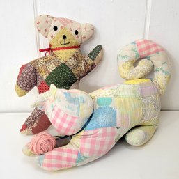 Vintage Quilt Folk Art Teddy Bear And Cat Soft Sculpture