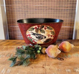 Oval Christmas Centerpiece Bowl With Bird Design, Ornaments And Greenery