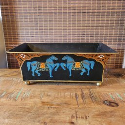 Tole Painted Tin Planter With Horses