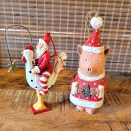 Barnyard Christmas Santa Ornaments, Pig And Chicken