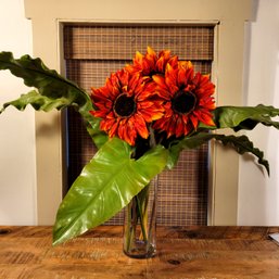 Sunflowers And Greenery In Glass Vase, Faux Floral Arrangement